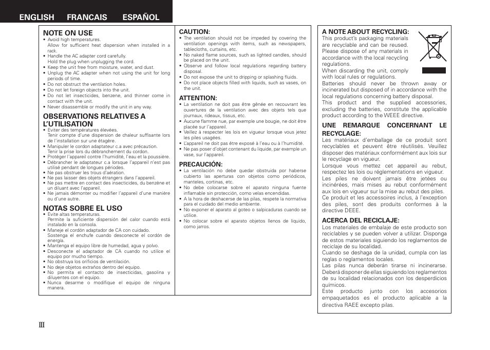 English francais español, Observations relatives a l’utilisation, Notas sobre el uso | Denon ASD-11R User Manual | Page 4 / 13