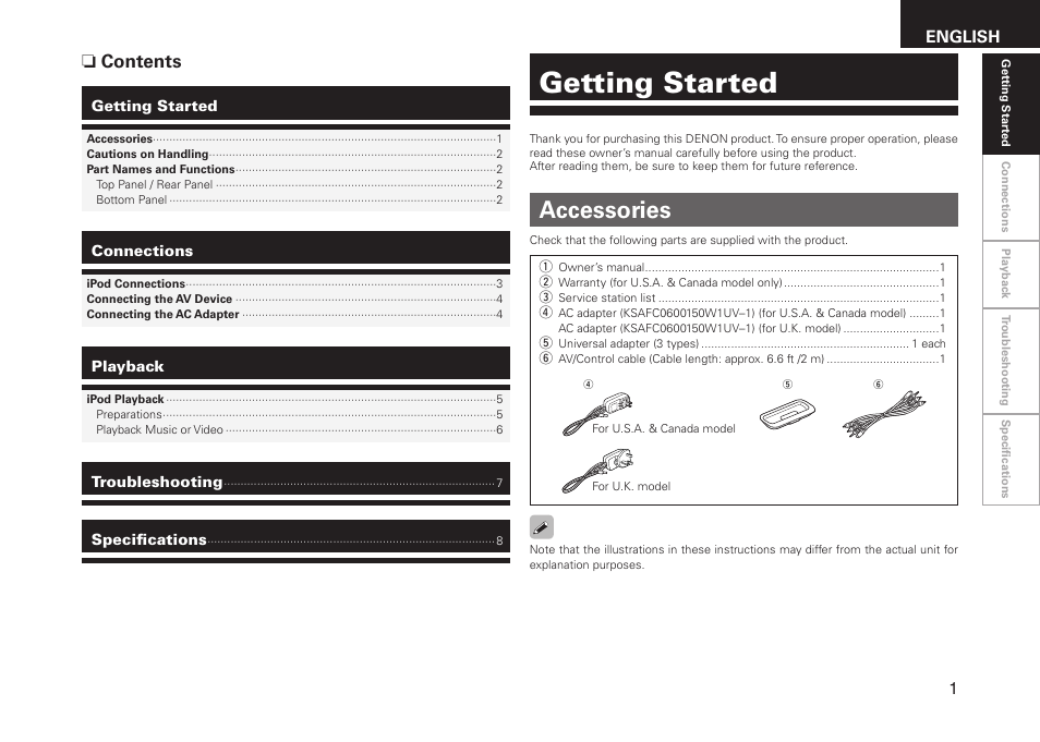 Getting started, Accessories, Ncontents | Denon ASD-11R User Manual | Page 5 / 13