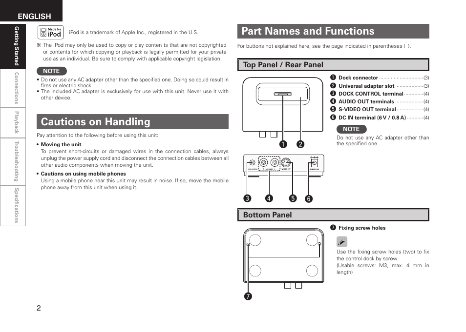 Part names and functions, Cautions on handling, Qw u | Er t y | Denon ASD-11R User Manual | Page 6 / 13