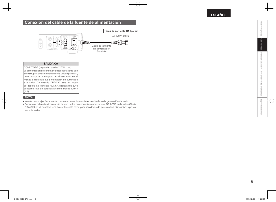 Conexión del cable de la fuente de alimentación | Denon DRA-CX3 User Manual | Page 11 / 18