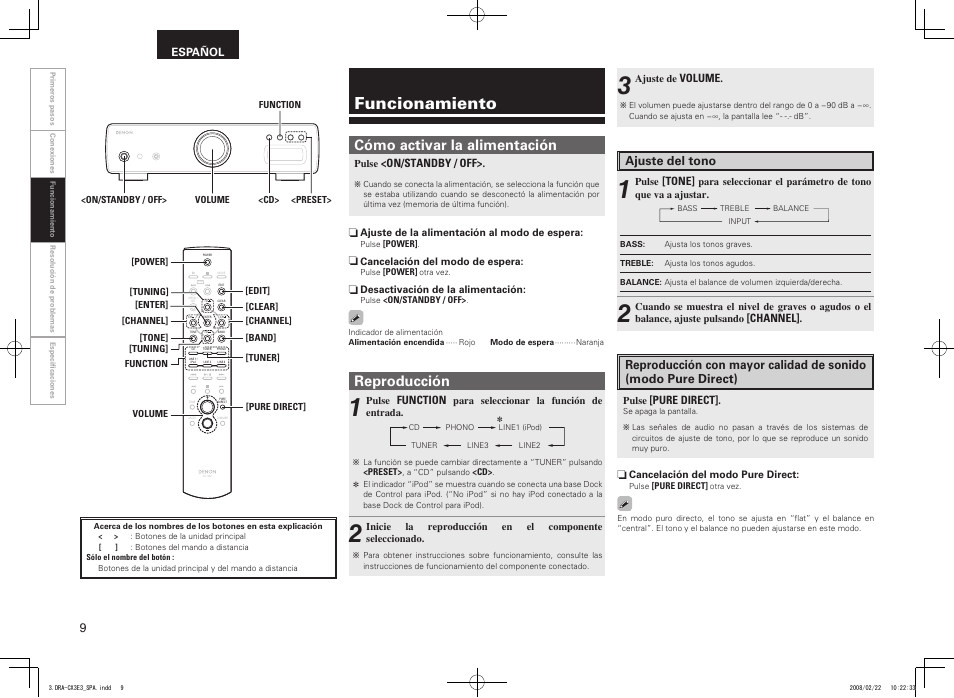 Funcionamiento, Cómo activar la alimentación, Reproducción | Denon DRA-CX3 User Manual | Page 12 / 18