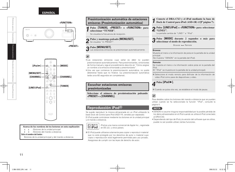 Reproducción ipod | Denon DRA-CX3 User Manual | Page 14 / 18