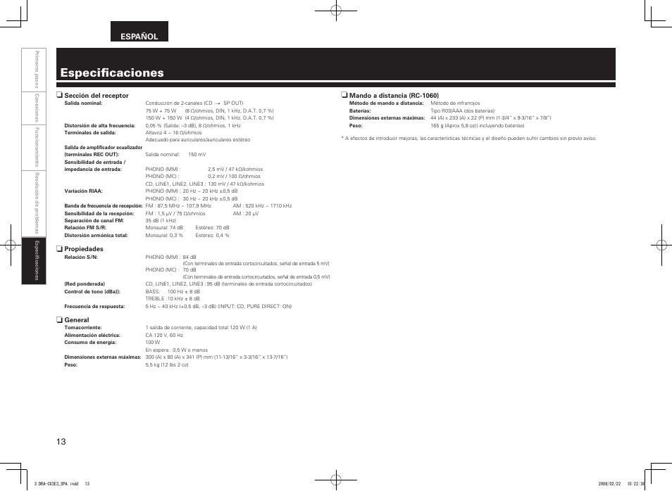 Especificaciones, Español | Denon DRA-CX3 User Manual | Page 16 / 18