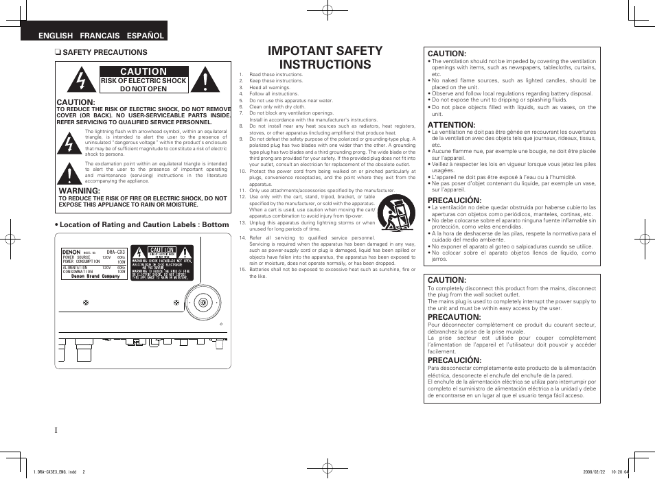 Impotant safety instructions, Caution | Denon DRA-CX3 User Manual | Page 2 / 18