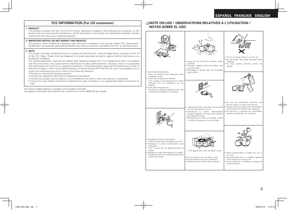 English francais español | Denon DRA-CX3 User Manual | Page 3 / 18