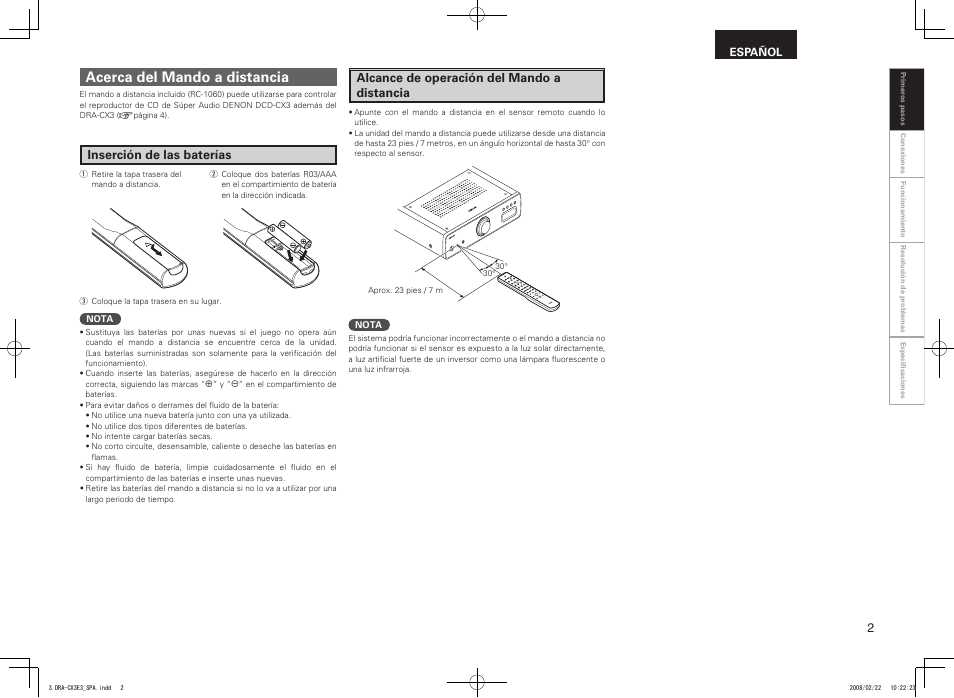 Acerca del mando a distancia, Inserción de las baterías, Alcance de operación del mando a distancia | Denon DRA-CX3 User Manual | Page 5 / 18