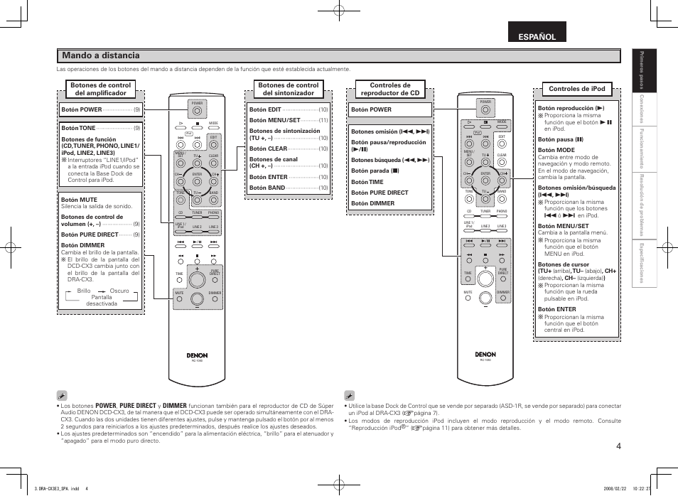 Mando a distancia, Español | Denon DRA-CX3 User Manual | Page 7 / 18