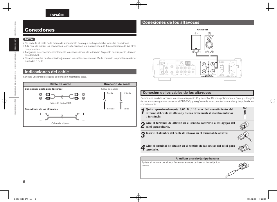 Conexiones, Indicaciones del cable, Conexiones de los altavoces | Denon DRA-CX3 User Manual | Page 8 / 18