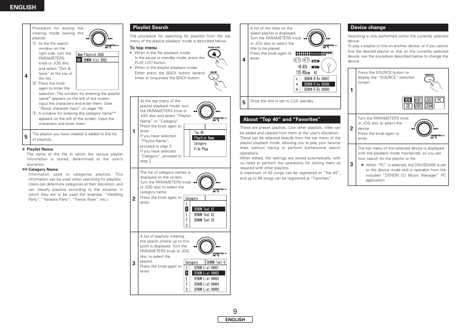 Playlist search, About “top 40” and “favorites, Device change | English | Denon DN-HD2500 User Manual | Page 14 / 30