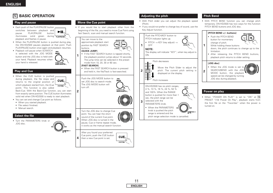 Basic operation, Play and pause, Play and cue | Select the file, Move the cue point, Adjusting the pitch, Pitch bend, Power on play, English | Denon DN-HD2500 User Manual | Page 16 / 30