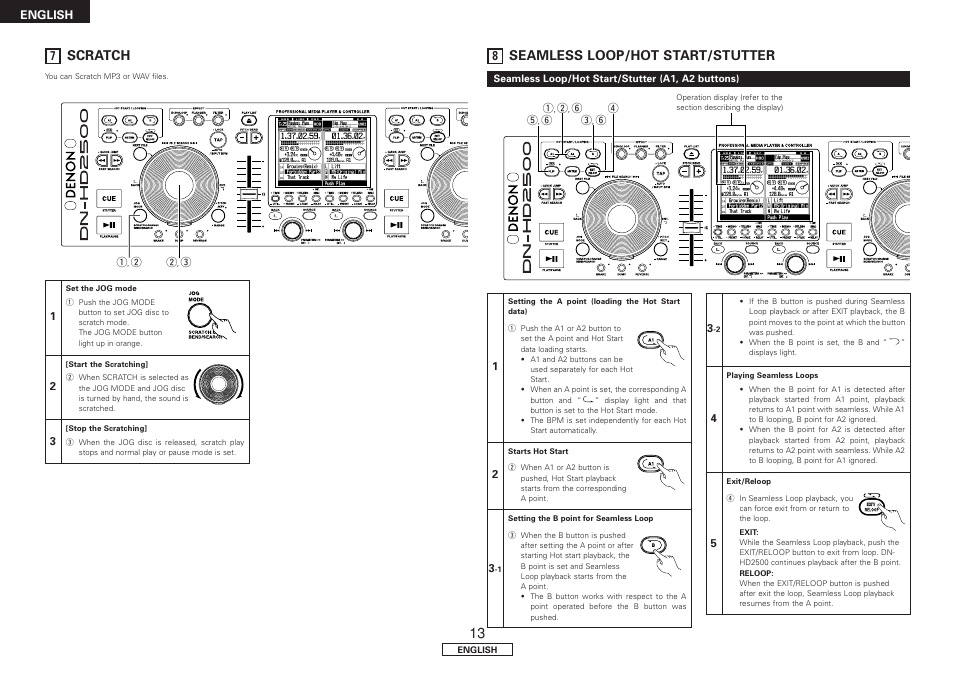 Scratch, Seamless loop/hot start/stutter, Seamless loop/hot start/stutter (a1, a2 buttons) | English | Denon DN-HD2500 User Manual | Page 18 / 30