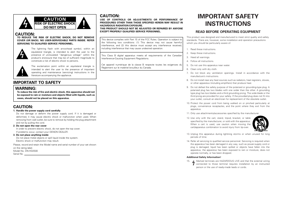 Important safety instructions, Caution, Important to safety warning | Denon DN-HD2500 User Manual | Page 2 / 30