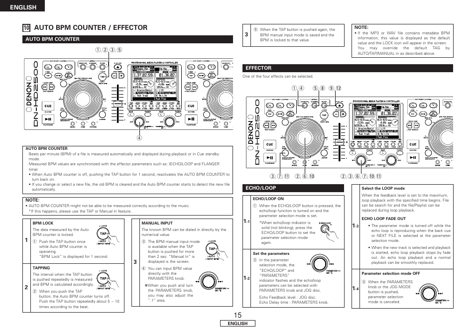 Auto bpm counter, Effector, Echo/loop | Auto bpm counter / effector, English | Denon DN-HD2500 User Manual | Page 20 / 30