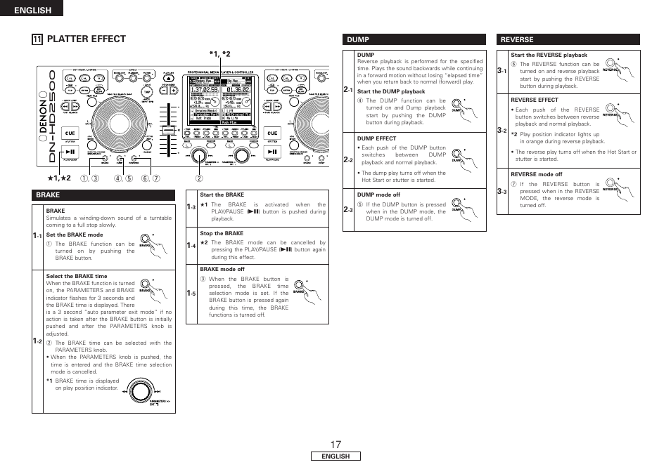 Platter effect, Brake, Dump | Reverse, English 11 | Denon DN-HD2500 User Manual | Page 22 / 30