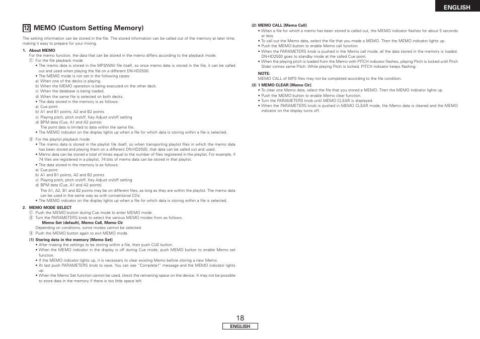 Memo (custom setting memory), English 12 | Denon DN-HD2500 User Manual | Page 23 / 30