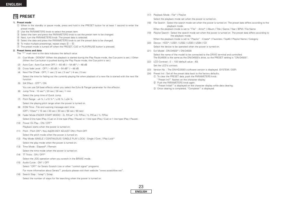 Preset, English 15 | Denon DN-HD2500 User Manual | Page 28 / 30