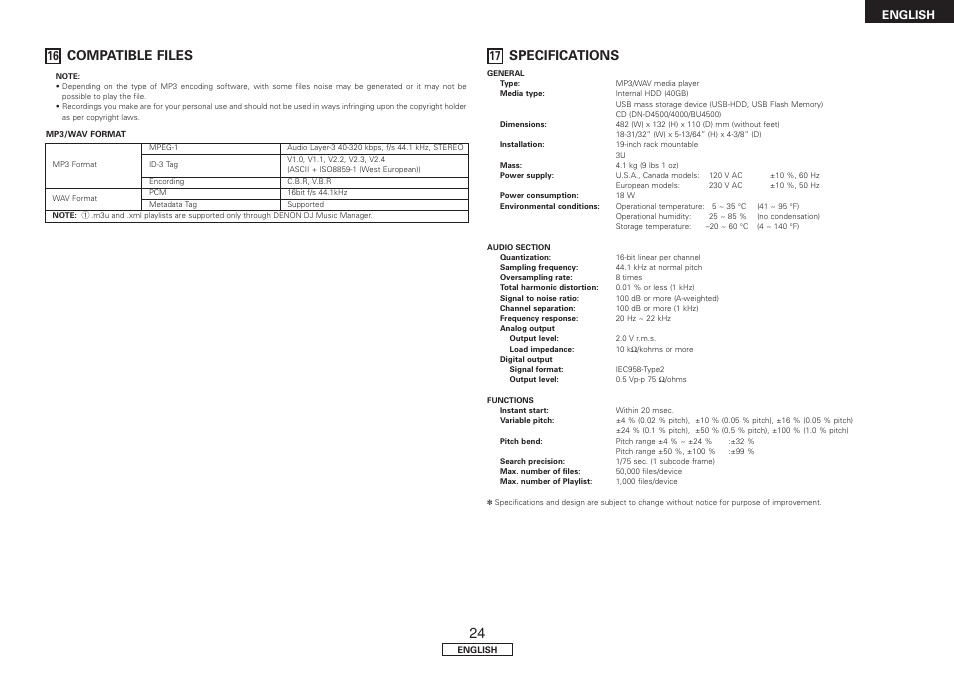 Compatible files, Specifications, English | Denon DN-HD2500 User Manual | Page 29 / 30