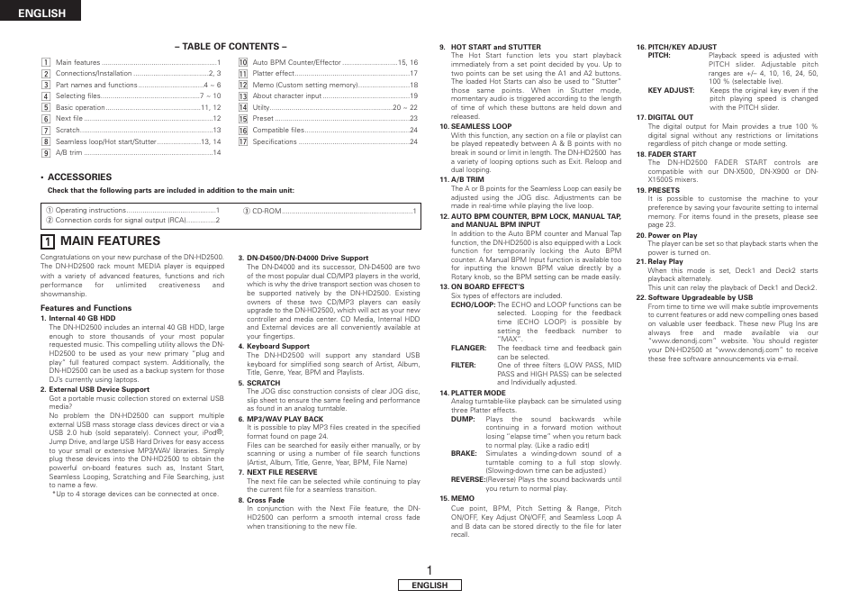 Main features, Connections/installation, 1 main features | English | Denon DN-HD2500 User Manual | Page 6 / 30