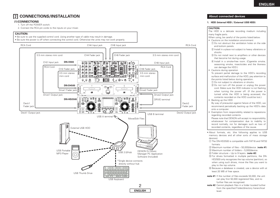 About connected devices, 2 connections/installation, English | Denon DN-HD2500 User Manual | Page 7 / 30