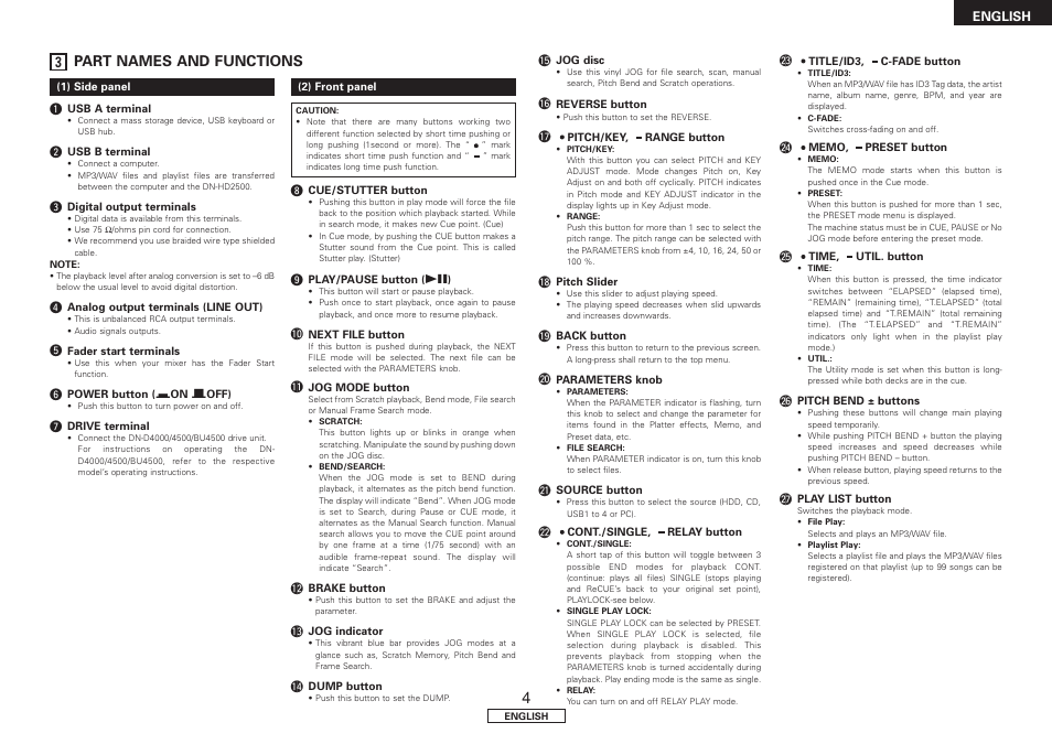 1) side panel, 2) front panel, 3 part names and functions | Denon DN-HD2500 User Manual | Page 9 / 30