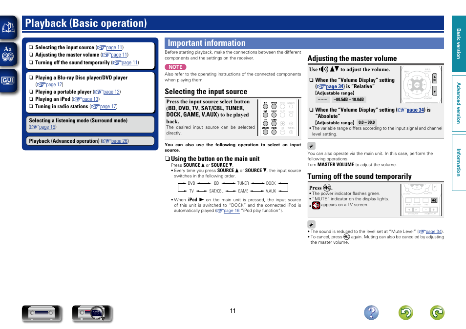 Playback (basic operation), Important information, Selecting the input source | Adjusting the master volume, Turning off the sound temporarily | Denon AVR-1312 User Manual | Page 14 / 63