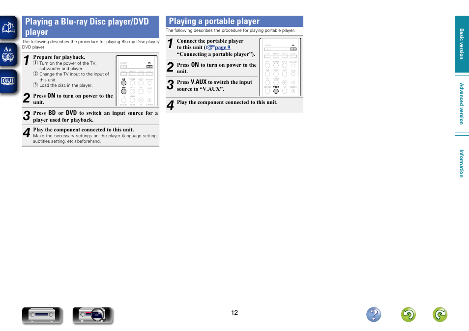 Playing a blu-ray disc player/dvd player, Playing a portable player | Denon AVR-1312 User Manual | Page 15 / 63