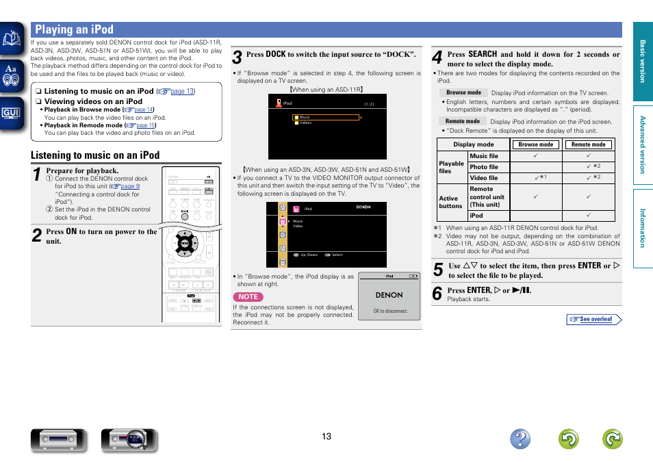 Playing an ipod, Listening to music on an ipod | Denon AVR-1312 User Manual | Page 16 / 63