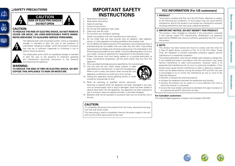 Important safety instructions, Caution | Denon AVR-1312 User Manual | Page 2 / 63