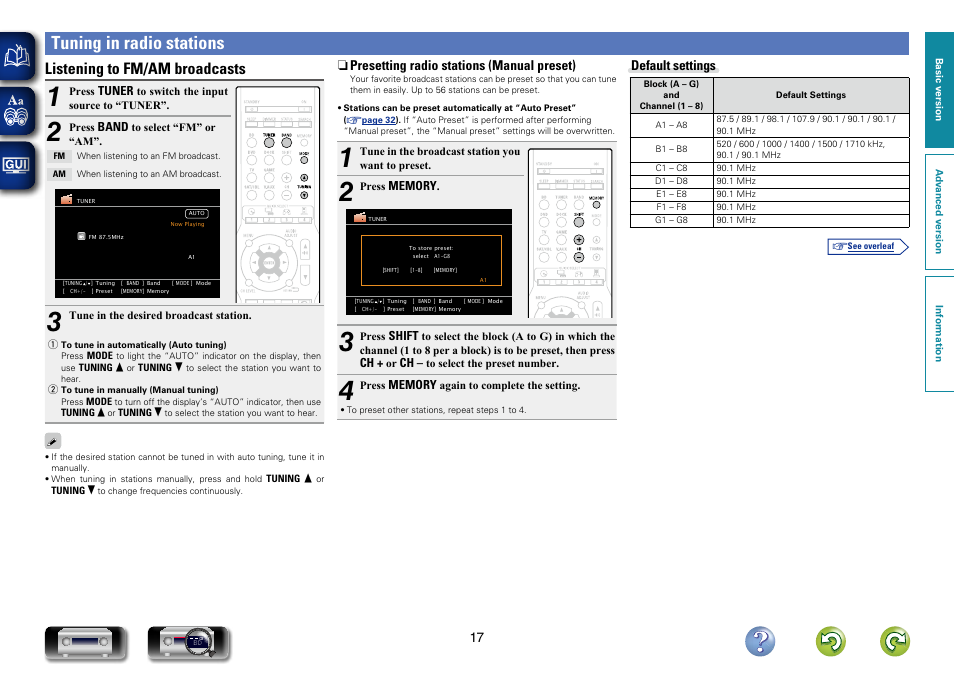 Tuning in radio stations, Listening to fm/am broadcasts | Denon AVR-1312 User Manual | Page 20 / 63