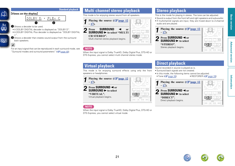 Multi channel stereo playback, Virtual playback, Stereo playback | Direct playback | Denon AVR-1312 User Manual | Page 24 / 63