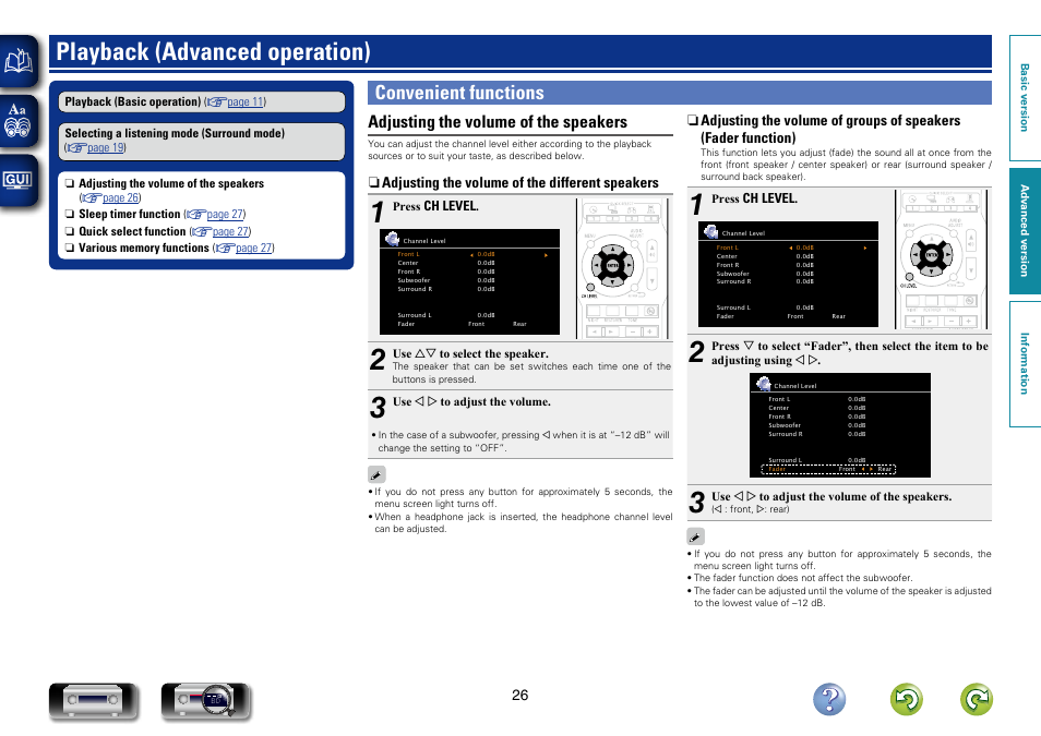 Playback (advanced operation), Convenient functions, Adjusting the volume of the speakers | N adjusting the volume of the different speakers | Denon AVR-1312 User Manual | Page 29 / 63