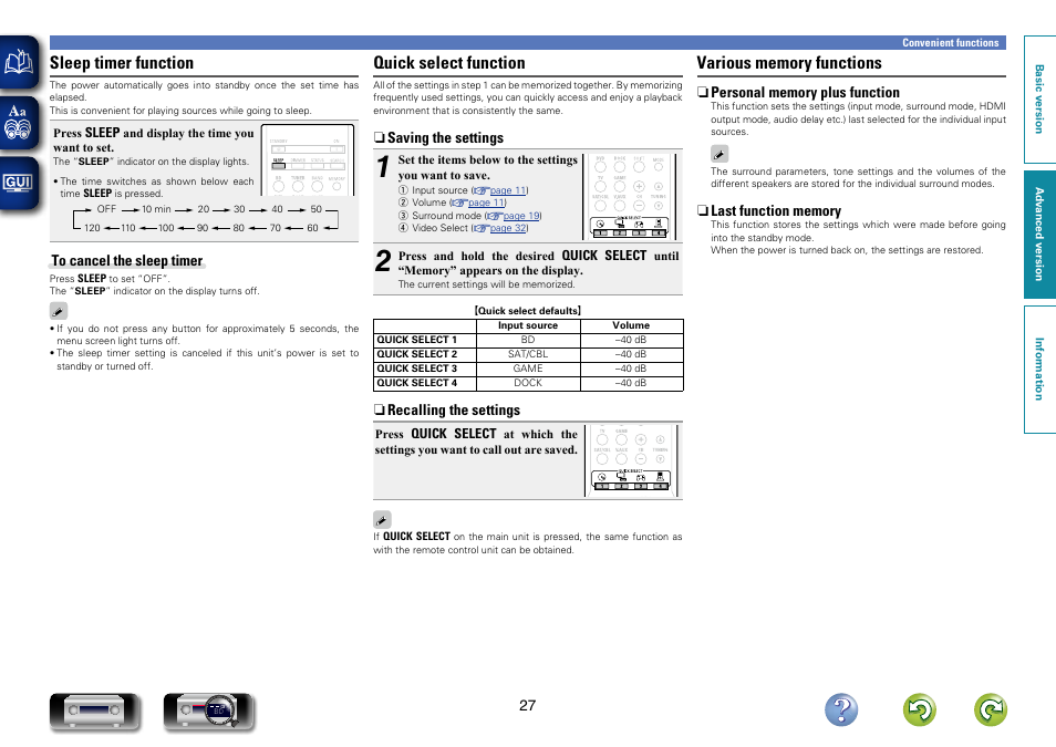 Sleep timer function, Quick select function | Denon AVR-1312 User Manual | Page 30 / 63