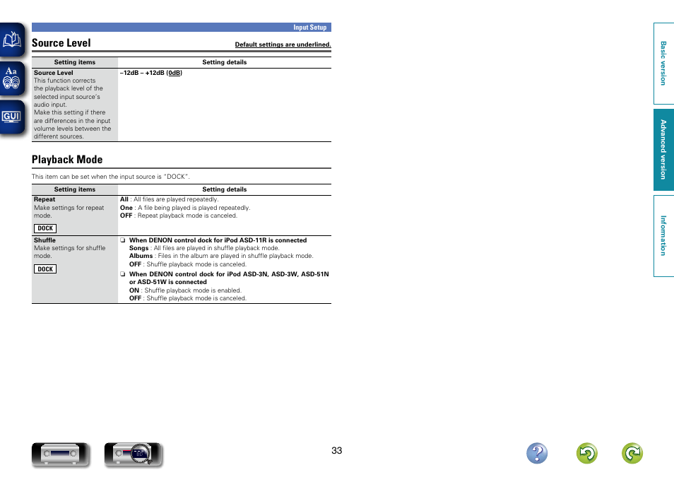 Source level, Playback mode | Denon AVR-1312 User Manual | Page 36 / 63