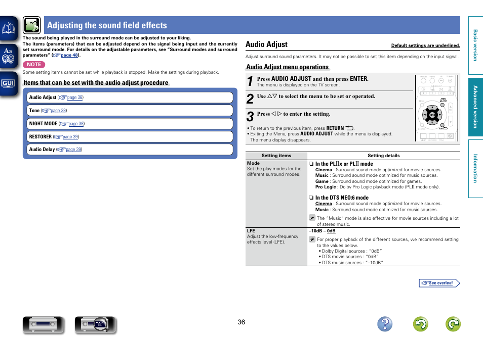 Adjusting the sound field effects, Audio adjust | Denon AVR-1312 User Manual | Page 39 / 63