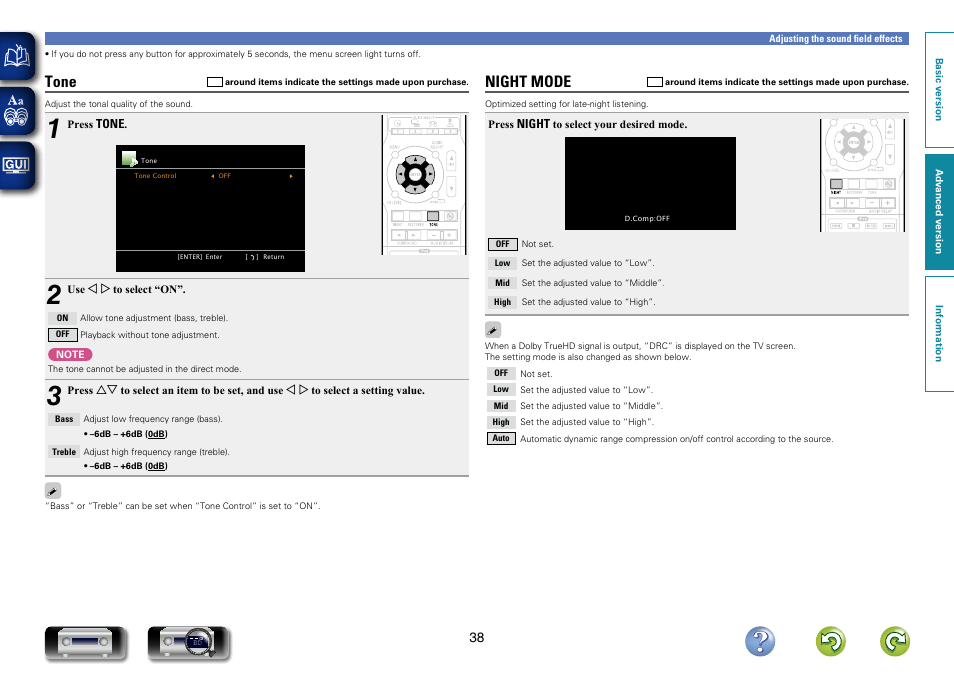 Tone, Night mode | Denon AVR-1312 User Manual | Page 41 / 63