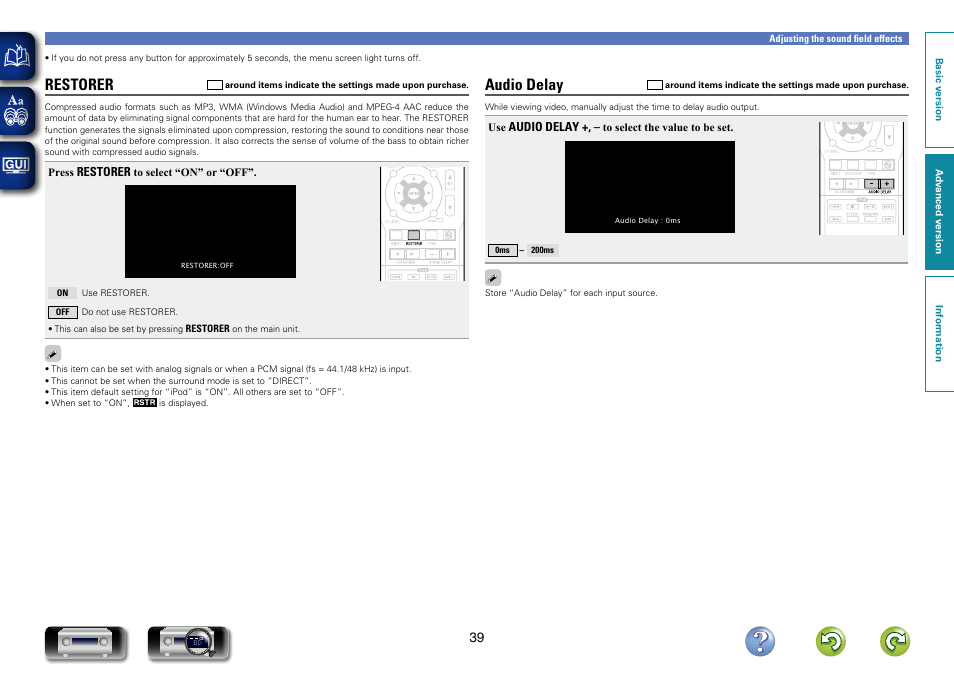 Restorer, Audio delay | Denon AVR-1312 User Manual | Page 42 / 63