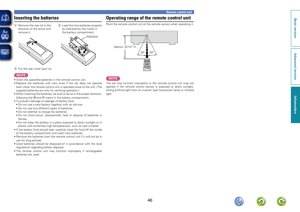 Inserting the batteries, Operating range of the remote control unit | Denon AVR-1312 User Manual | Page 49 / 63