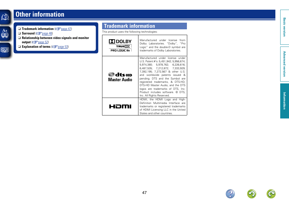 Other information, Trademark information | Denon AVR-1312 User Manual | Page 50 / 63