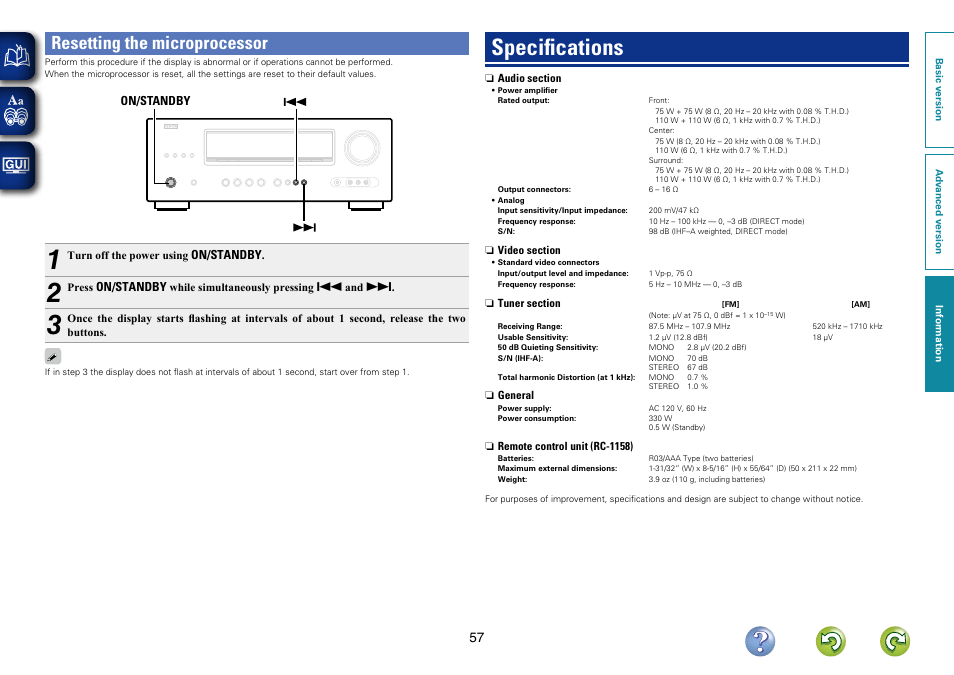 Resetting the microprocessor, Specifications | Denon AVR-1312 User Manual | Page 60 / 63