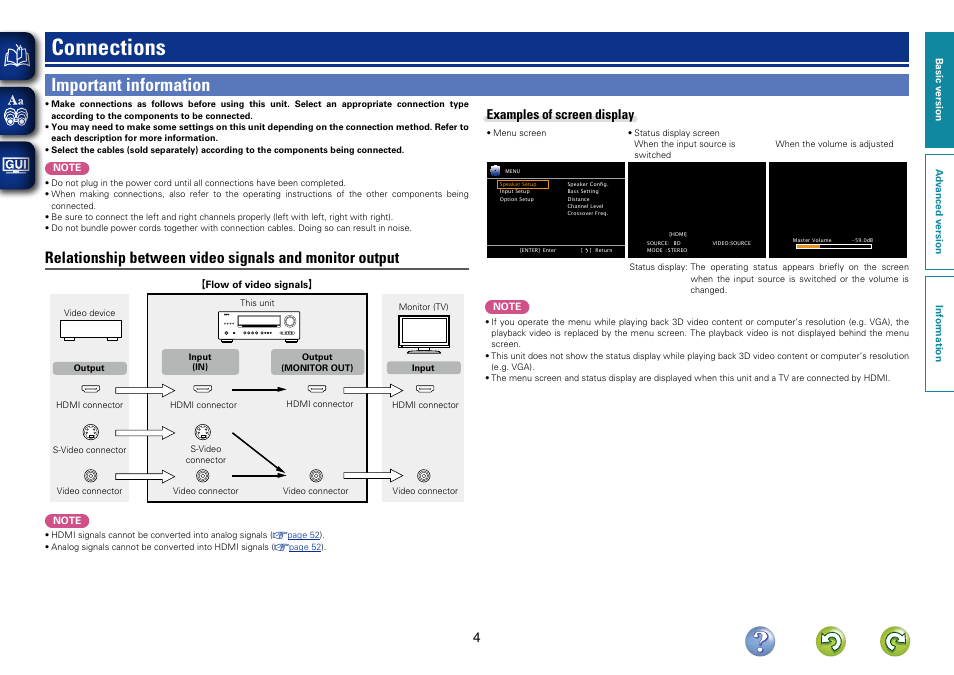 Connections, Important information, Examples of screen display | Denon AVR-1312 User Manual | Page 7 / 63