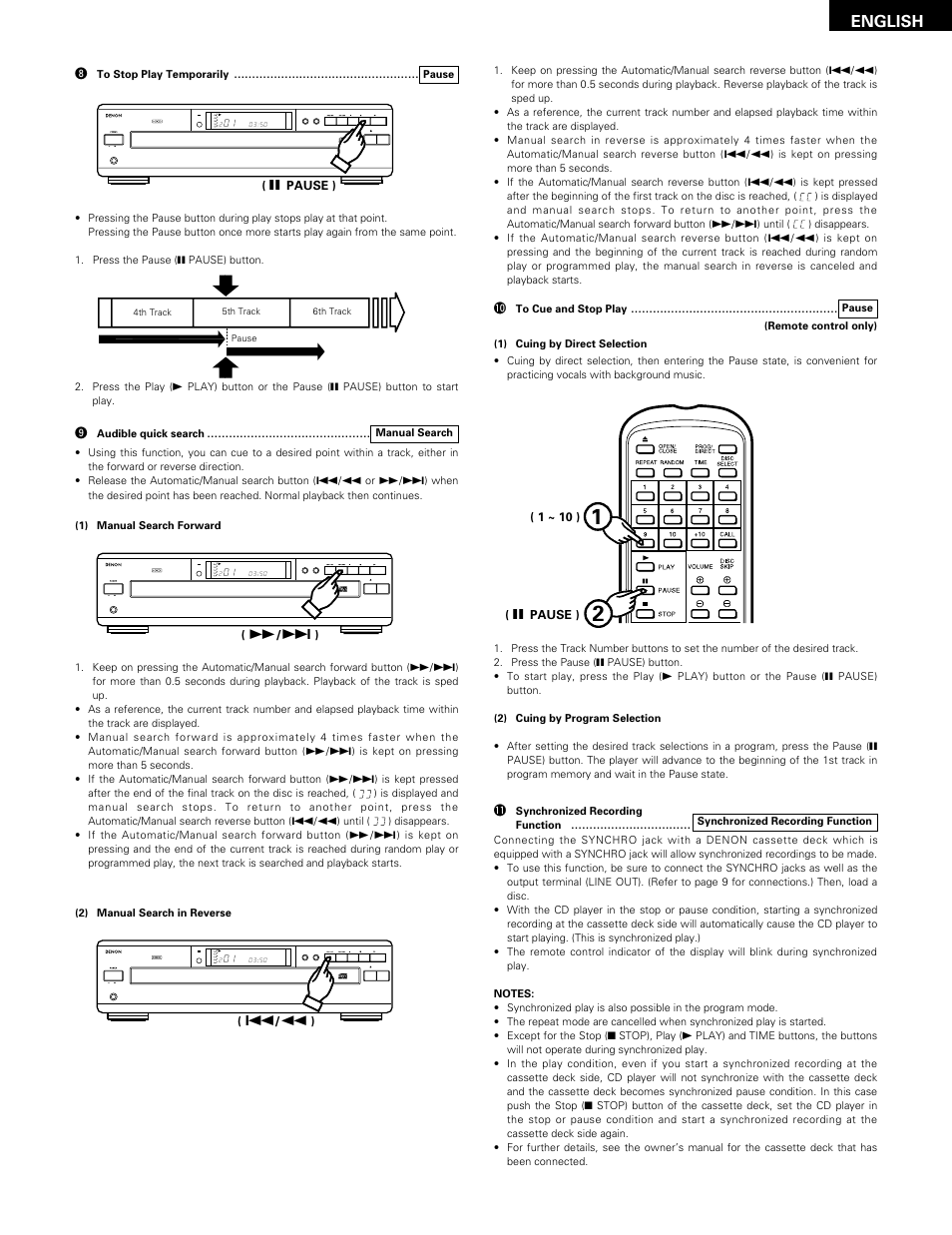 English, Open/close disc skip, Stop pause play prog phones repeat | Disc min sec | Denon DCM-370 User Manual | Page 13 / 38