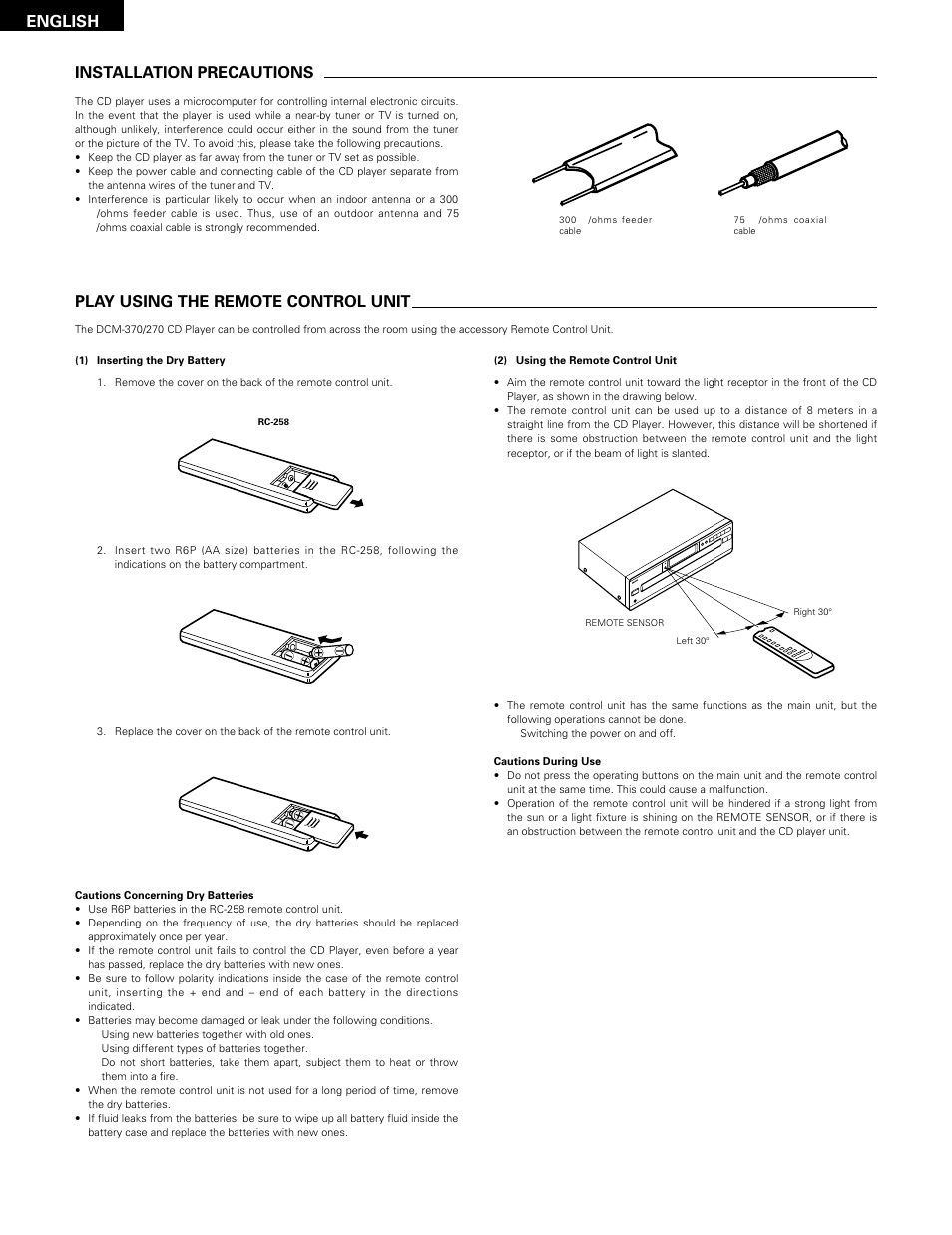 Installation precautions, Play using the remote control unit, English installation precautions | Denon DCM-370 User Manual | Page 14 / 38