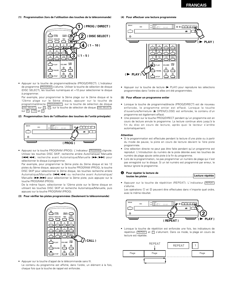 Francais, Open/close disc skip, Stop pause play prog phones repeat | Disc min sec | Denon DCM-370 User Manual | Page 23 / 38
