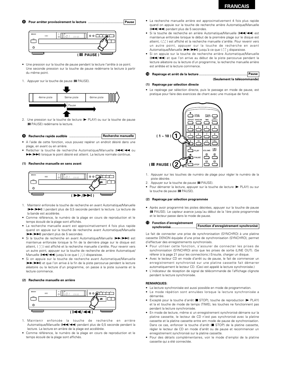 Francais, Open/close disc skip, Stop pause play prog phones repeat | Disc min sec | Denon DCM-370 User Manual | Page 25 / 38