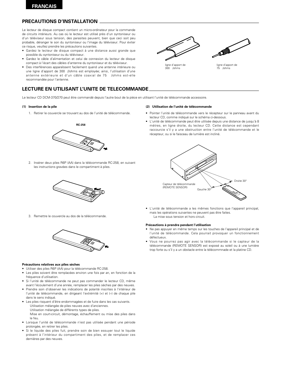 Precautions d’installation, Lecture en utilisant l’unite de telecommande, Francais | Denon DCM-370 User Manual | Page 26 / 38