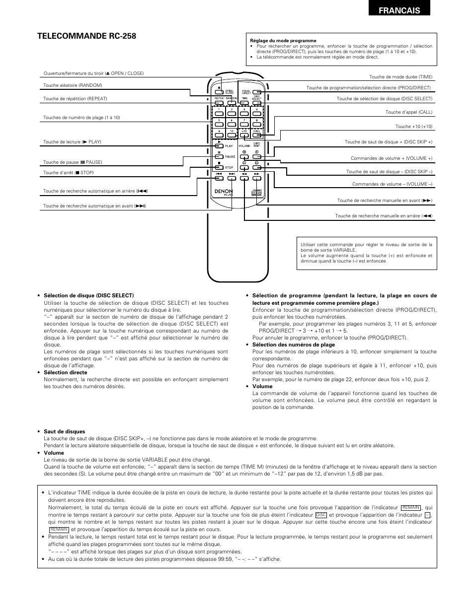 Francais, Telecommande rc-258 | Denon DCM-370 User Manual | Page 27 / 38