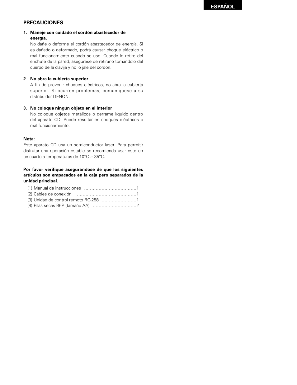 Español, Precauciones | Denon DCM-370 User Manual | Page 29 / 38