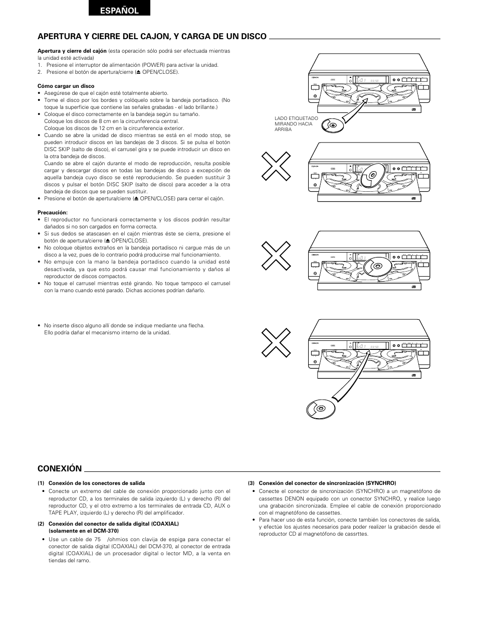 Apertura y cierre del cajon, y carga de un disco, Conexión, Español | Denon DCM-370 User Manual | Page 32 / 38