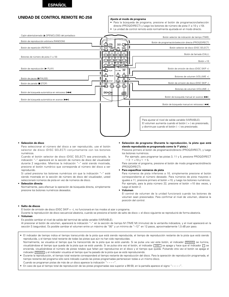 Español, Unidad de control remote rc-258 | Denon DCM-370 User Manual | Page 36 / 38