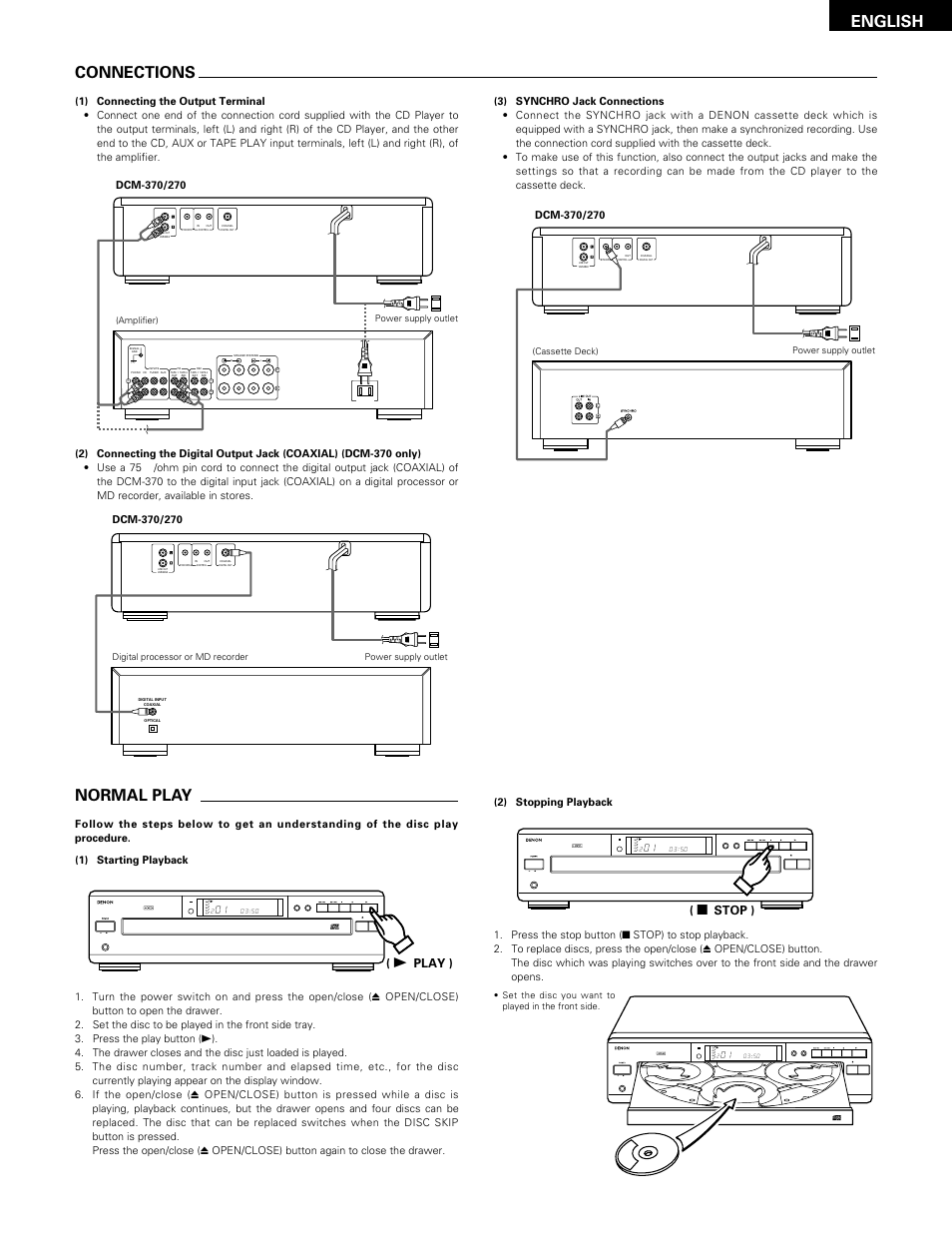 Connections, Normal play, English connections | Open/close disc skip, Stop pause play prog phones repeat, Disc min sec, 1 play ), 2 stop ) | Denon DCM-370 User Manual | Page 9 / 38